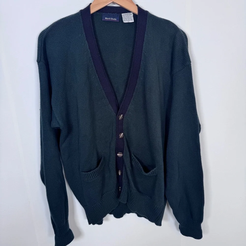 VTG Mark Shale Cardigan Sweater Men L Green Cotton V-Neck Vintage Grandpacore
